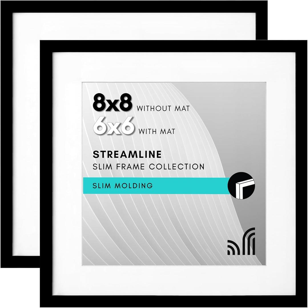 Americanflat 8x8 Picture Frame with Shatter-Resistant Glass - Set of 2 - Use as 6x6 Frame with Mat or Display 8x8 Photo Without Mat - Streamline Collection - Square Frames for Tabletop or Wall - Black