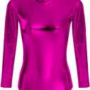 ABAFIP Women Metallic Liquid Shiny Long Sleeve Gymnastic Ballet Dance Leotard Bodysuit Faux Leather Stage Dancewear Costume (Medium, Hot Pink)