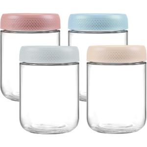 16 oz/480 ml Glass Storage Canister with Airtight Lid, 4 Pack Clear Overnight Oats Containers, Cute Decorative Mason Salad Jar for Snacks, Yogurt, Cereal, Fruit, Spice, Sugar, Coffee, Tea