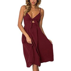 ECOWISH Women 2025 Summer Dresses Tie Front V-Neck Spaghetti Strap Button Down A-Line Backless Swing Midi Dress, Red, XL
