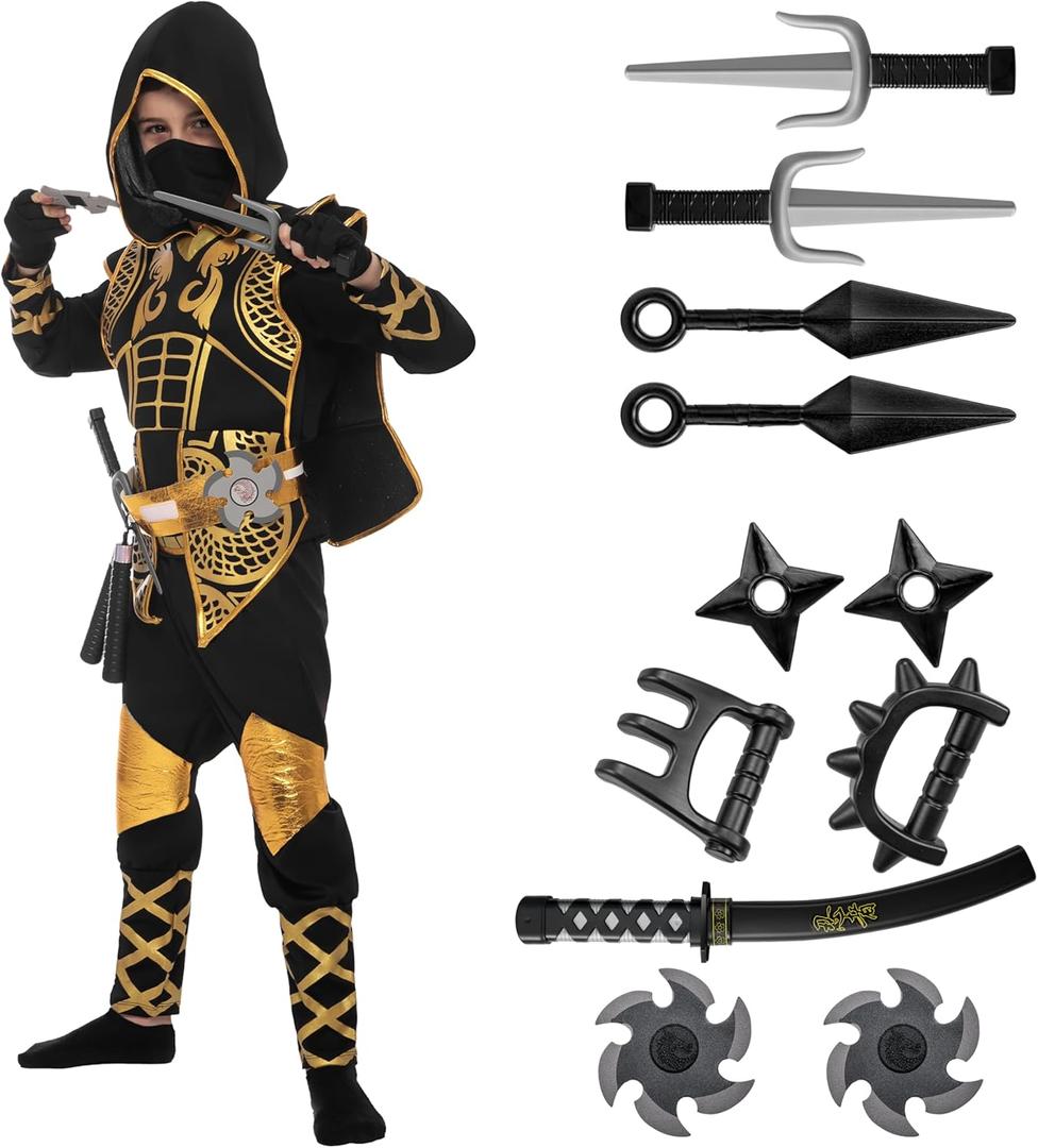 Spooktacular Creations Golden Ninja Costume Set, Ninja Jumpsuit with Foam Accessories for Kids, Toddler Halloween Outfit for Ideas Cosplay Party (Medium, 8-10 yrs)