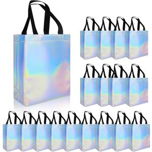18 Pcs Glossy Iridescent Small Gift Bags Bulk, 8x3.9x9.8 In Non-woven Party Bags for Present with Sturdy Bases for Birthday, Wedding, Easter, Party, Holiday