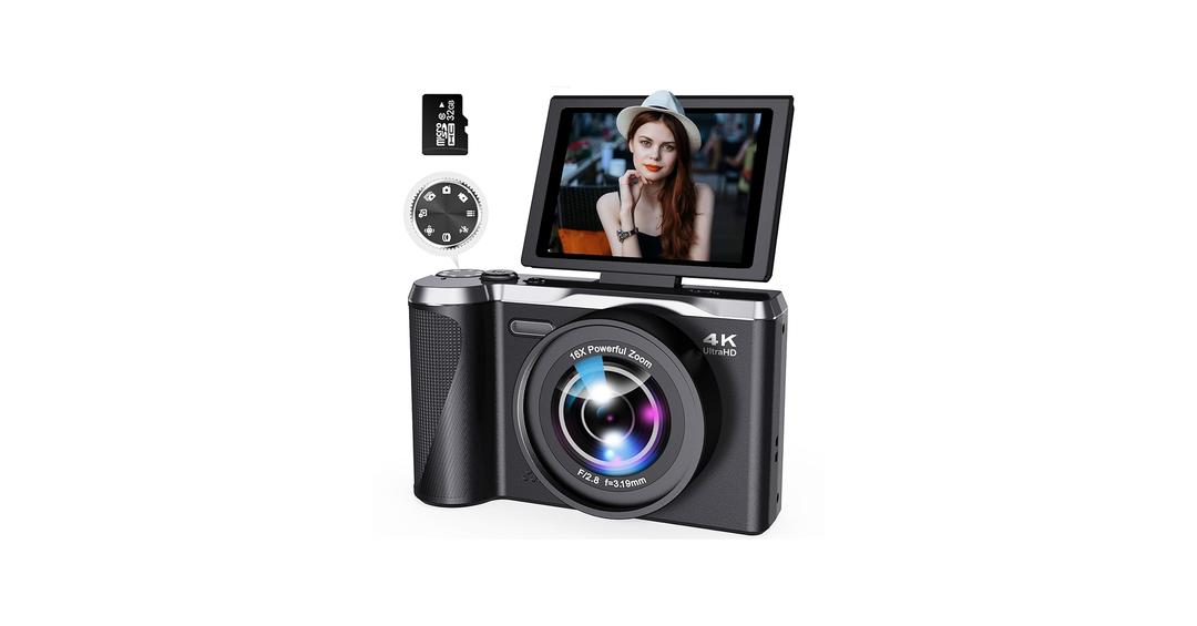 Digital Camera 4K for Photography and Video, 56MP Autofocus Vlogging Camera for YouTube, 3" 180° Flip Screen & 16X Digital Zoom, Compact Travel Cameras with 32GB SD Card for Beginners & Adults
