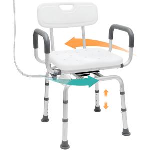 PETKABOO 360 Degree Shower Chair Swivel,Portable Seat with Armrests and Back, Adjustable Height Seat for Bathtub (White1)
