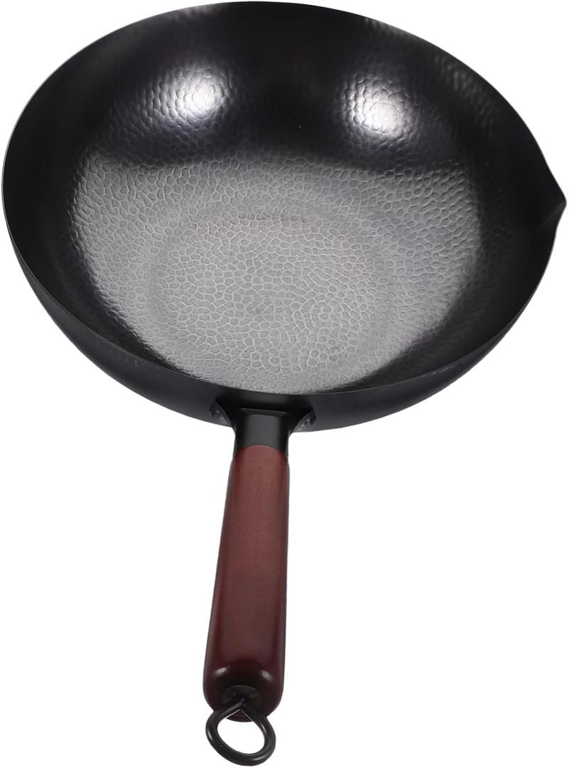 PRETYZOOM Wrought Wok Traditional Handmade Nonstick Frying Pan for Gas Stove Ergonomic Handle Scratch-resistant Easy to Clean for Chinese Cooking