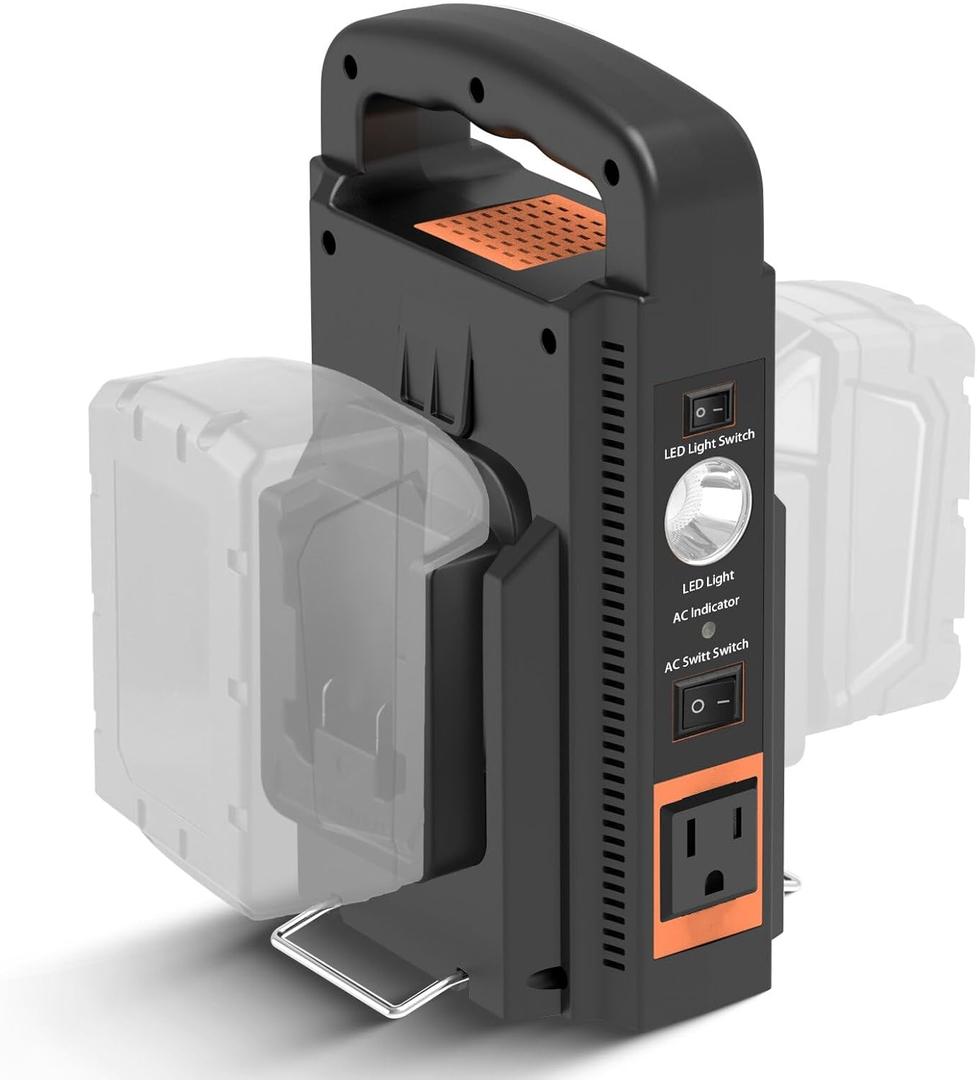 Dual-Channel Power Inverter for Milwaukee M-18 18V Battery, 4-Type Output Ports: Output Port AC 110V 180W, USB/Type C Port 18W PD3.0, DC 12V Output Port, with LED 800 LM Light