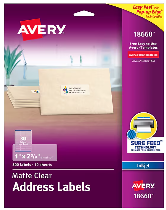 AVERY Clear Address Labels 1 x 2-5/8 inch | Matte Finish | Sure Feed Technology | For Inkjet Printers | 300 Labels,