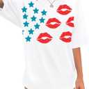 QLIPIN 4th of July Shirts USA Shirts Women American Flag T-Shirt Oversized Patriotic Stars Lips Graphic Tee (Medium)