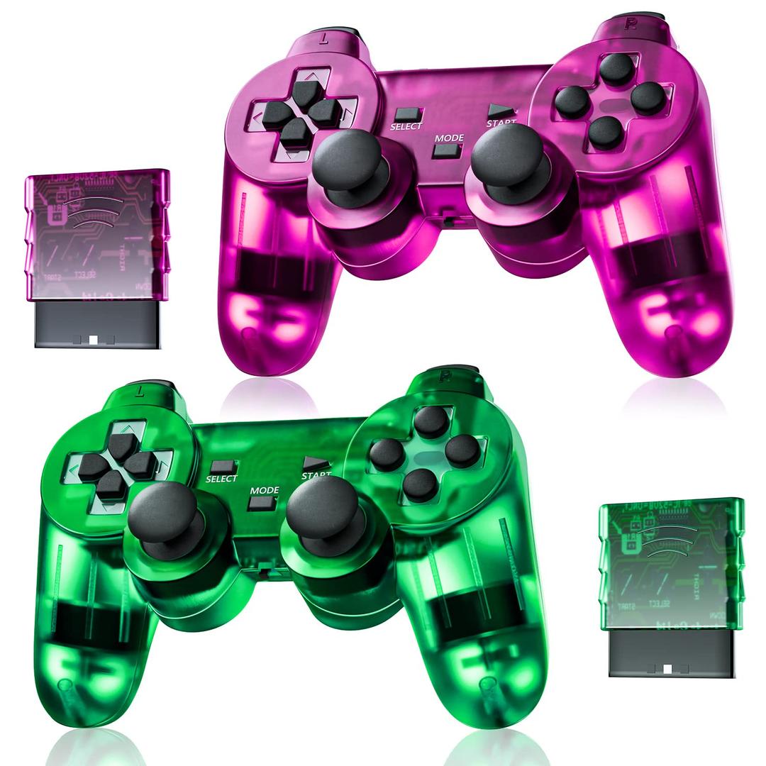 Burcica Wireless Controller for PS-2 Play 2 Double Vibration 2 - Clear/Green and Clear/Purple