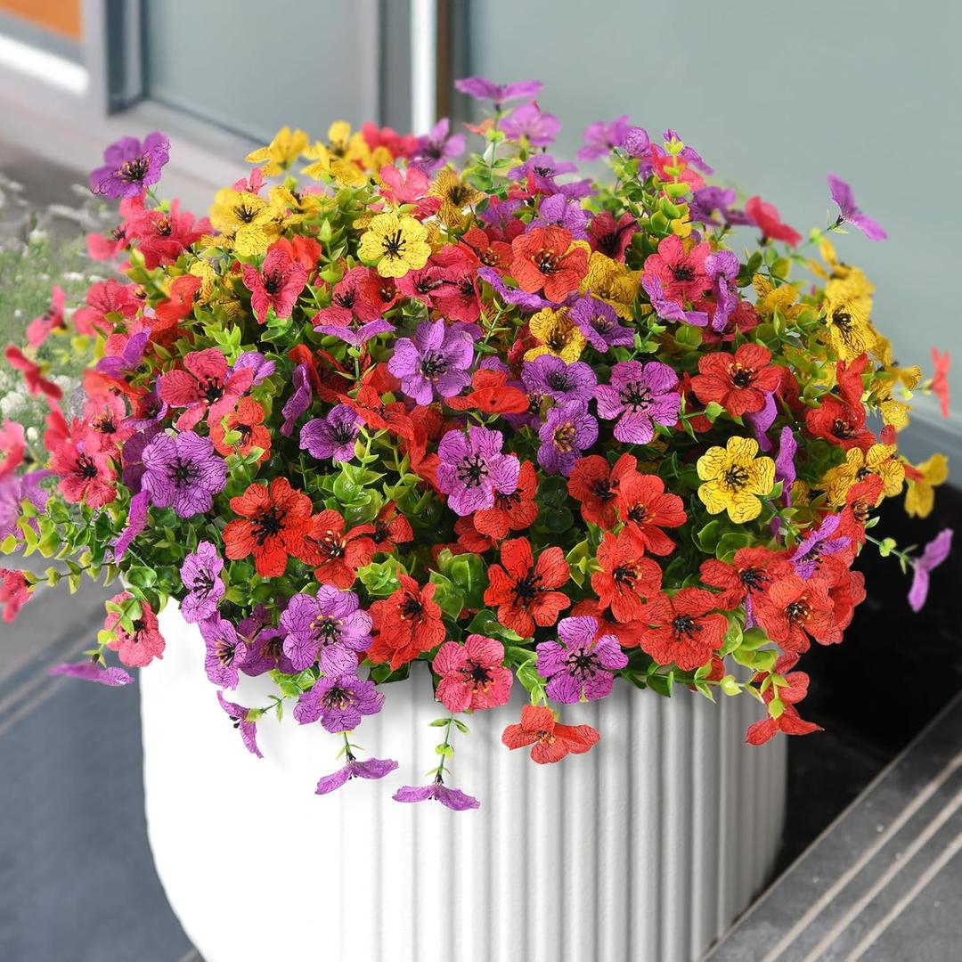 Artificial Flowers Faux Plants Outdoor Fake Flowers Spring Decor,12 Bundles Outdoor Flower Plastic Plant Colorful Daisy UV Resistant for Porch Patio Yard Garden Pot Planters (Rose Purple Yellow Red)