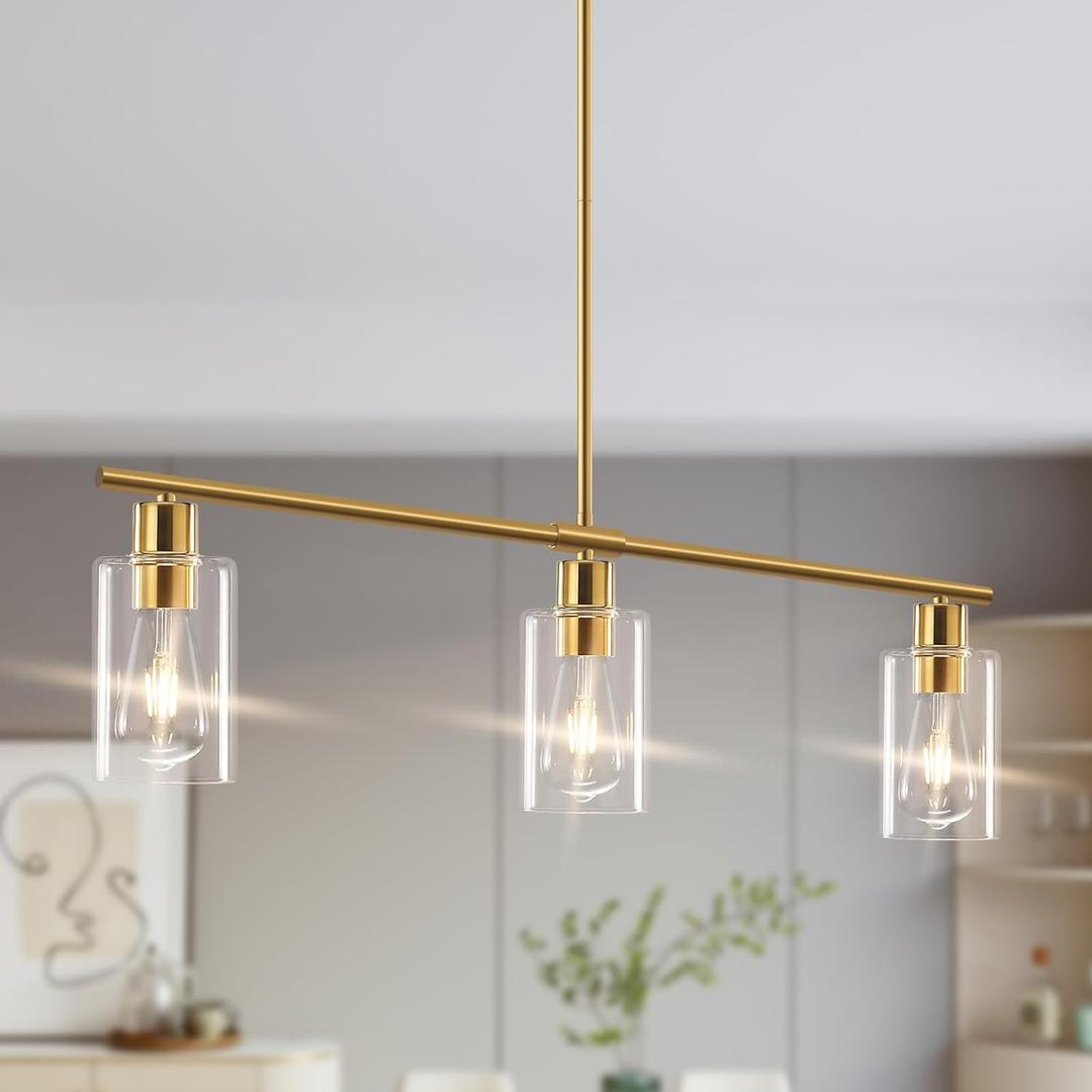 Kitchen Island Lighting, Linear Chandeliers Rectangle Pendant Light Fixtures for Dining Room Farmhouse Hanging Light with Glass Shades (Gold, 3 Lights)