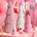 Pink White Christmas Table Decorations Indoor- 3 Pcs Flocked Velvet Christmas Trees with Lights, Modern Cone Christmas Tree Tabletop Centerpieces for Xmas Party Tabletop Mantel Tiered Tray Home Decor