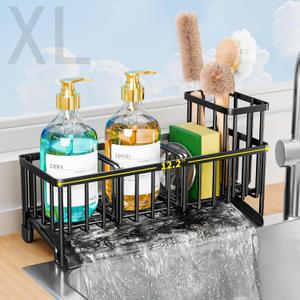TomCare Extra Large 12.2'' Sink Caddy With Drain Tray Non-slip Kitchen Sink Organizer With 2 Adjustable Dividers High Brush Holder Rustproof Sponge Holder Kitchen Storage Accessories for Counter (Black)