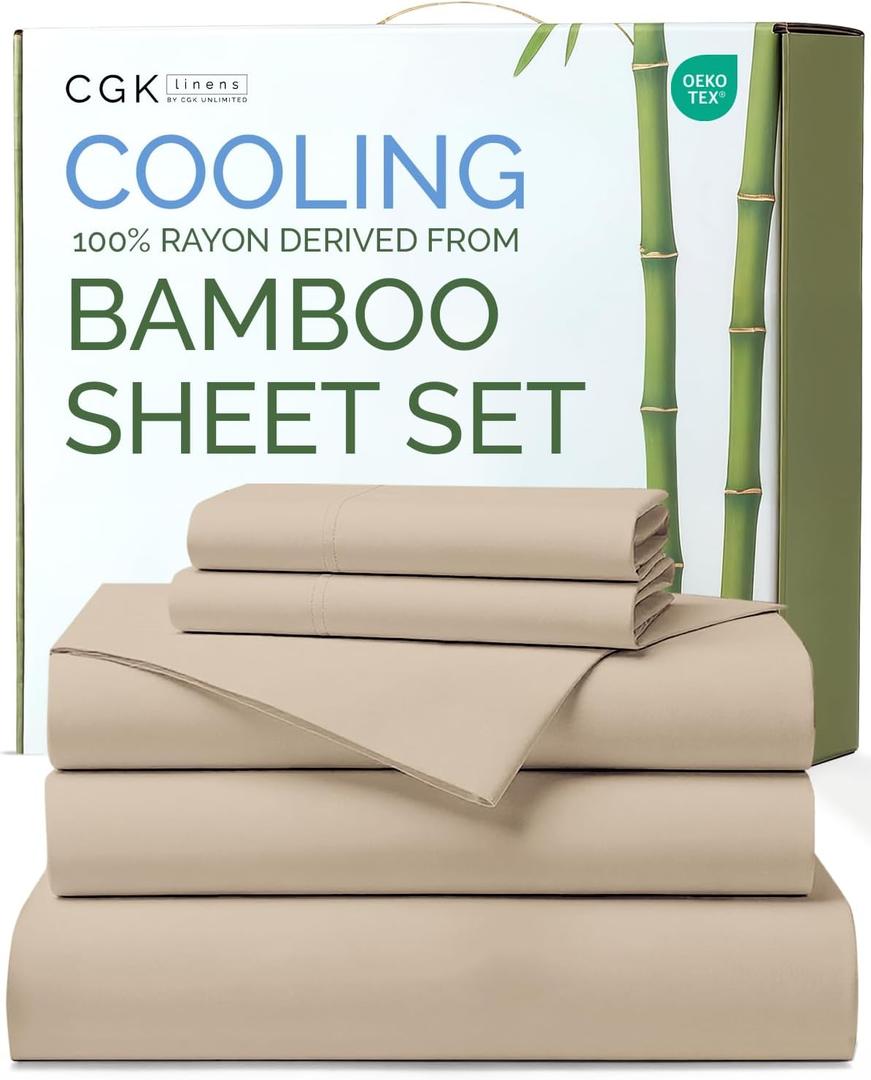 100% Rayon Derived From Bamboo - Bamboo Sheets Split King Size - Cooling Sheets for Split King - Ultra Soft Hotel Luxury Bedding - 1 Flat & 2 Fitted & 2 Pillowcases with 18 Inch Deep Pockets - Wheat