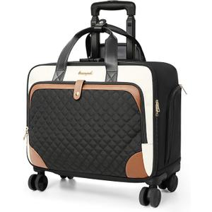 Rolling Laptop Bag with 4 Spinner Wheels, Rolling Briefcase for Women with Lock, 16 Inch Computer Bag with Telescopic Handle, Overnight Laptop Bag with Wheels for Work Travel Business, Beige Brown