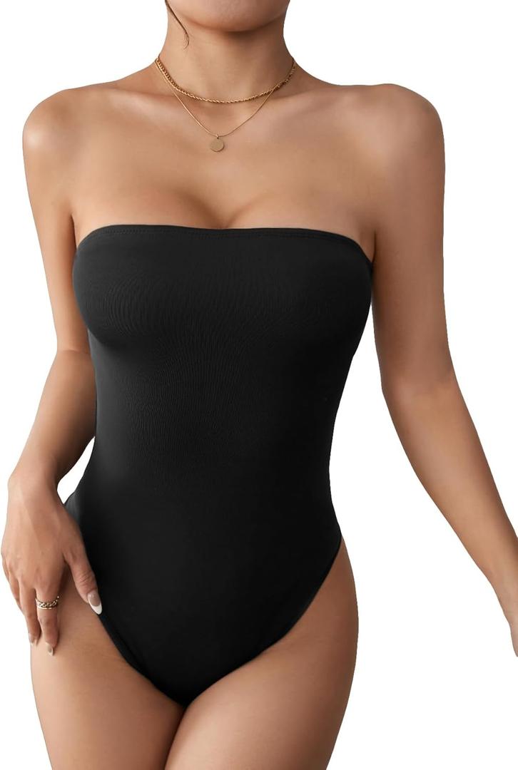 COZYEASE Women's Solid Tube Bodysuit Strapless Sleeveless Casual Plain Romper Bodysuit (Medium, Black)