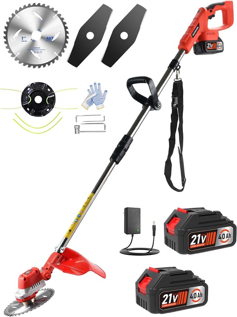 12" Brushless Cordless Weed Wacker, Fits .095" Trimmer Line, 21V Battery Powered Electric Weed Eater with 2X 4.0Ah Batteries, Metal Blade & Shoulder Strap, 3-in-1 Grass Trimmer Brush Cutter lawn edger