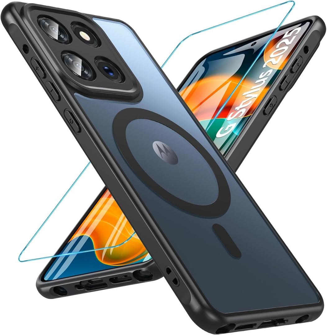 BESINPO Magnetic for Motorola Moto G Stylus 5g 2025 Case with Tempered Screen Protector, (Compatible with MagSafe) Shockproof Military Drop Translucent Matte Cover for Moto G Stylus 5g 2025,Black