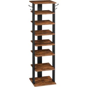 HOOBRO 8 Tiers Vertical Shoe Rack, Wooden Shoe Storage Organizer with Hooks, Narrow Shoe Tower for 8 Pairs, Space Saving, for Entryway, Living Room, Bedroom, Rustic Brown BF07XJ01G1