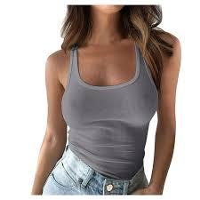 Women's Scoop Neck Tank Tops Ribbed Knit Slim Fit Sleeveless Camisole Shirts Casual Basic Solid Stretch Cami Tops Blouse(Grey L)