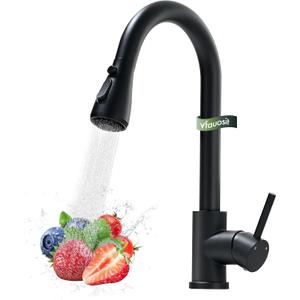Black Kitchen Faucet with Pull Down Sprayer, VFAUOSIT Industrial Commercial Stainless Steel Single Handle Single Hole 3 Hole RV Laundry Pull Down Pull Out Gooseneck Kitchen Sink Faucets Matte Black
