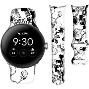 Compatible with Pixel Watch 3 41mm,Pixel Watch 2/1 Band for Women Men,Soft Silicone Sport Adjustable Replacement Strap for Pixel Watch 3/2/1 Accessories (Cool Skull Flower)