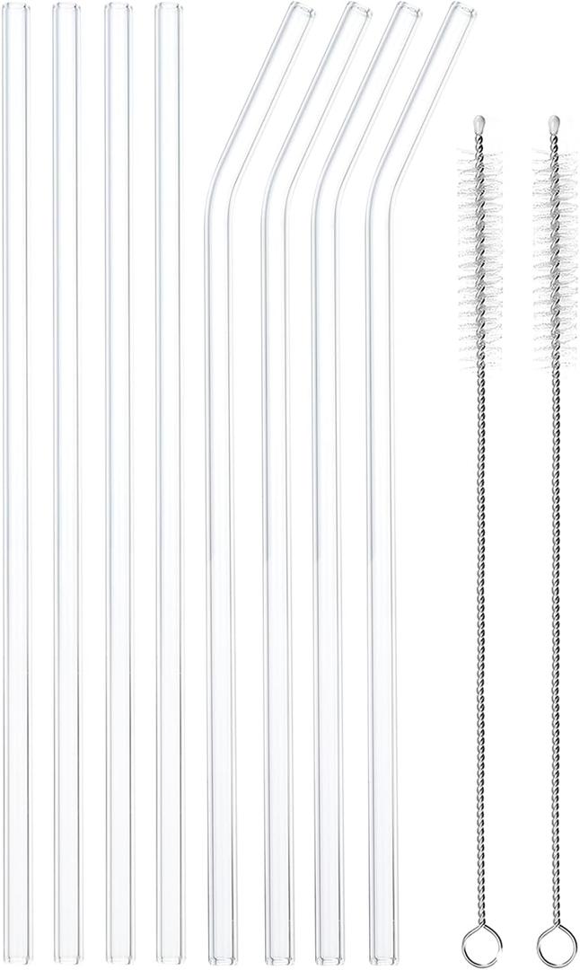 uxcell Reusable Straws Glass Straw, 8pcs 200x6mm Travel Tumbler Replacement Straw with Two Cleaning Brush for Frozen Bubble Tea Drinks (200x6mm)