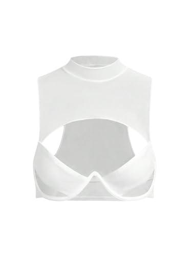 SweatyRocks Women's Cut Out Sheer Mesh Crop Top Mock Neck Sleeveless Y2k Party Rave Tops White Medium