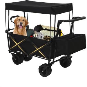200L Collapsible Wagon Cart with Canopy, Heavy Duty Folding Tools Utility Cart with Wheels for Outdoor Camping, Black