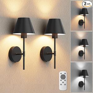 VOLISUN 17In Battery Operated Wall Sconces Set of Two,Brushed Black Wall Sconce Rechargeable with Remote,3 Colors Wireless Wall Sconces and Led Wall Lights for Living Room,Bedroom,Hallway,Bathroom