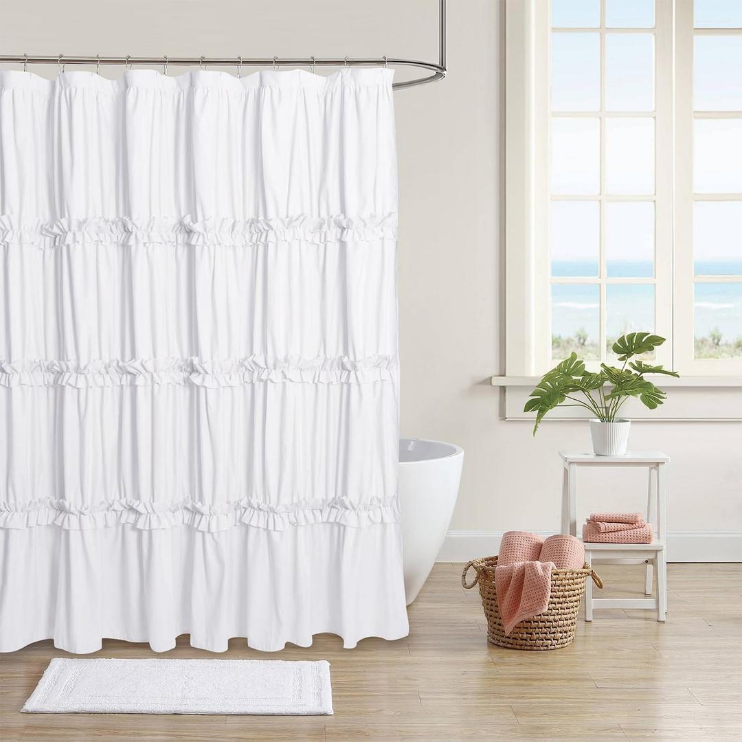 Farmhouse Ruffle Shower Curtain with Handmade Ruched, Vintage Ruffled Fabric Bathroom Curtains, Decorative Elegant Bathroom Curtain with 12 Holes, White, 72" W x 72" H(N60049)