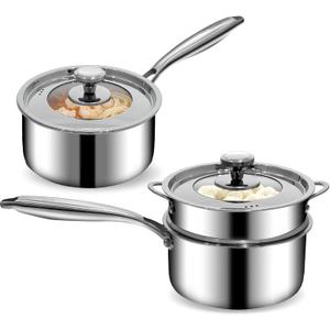 2.5QT & 3.5QT Tri-Ply Stainless Steel Saucepans with Steamer and Visible Lid Small Pot Sets Sauce Pan Glass Lid for Cooking Milk Pasta Soup, Cookware Dishwasher Safe Induction Compatible