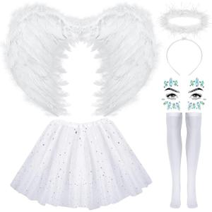 Hillban Halloween Angel Costume Angel Feather Wings Tutu Skirt Angel Headband and Devil Horns Socks Gems Stickers for Women (Angel, Kid Size)