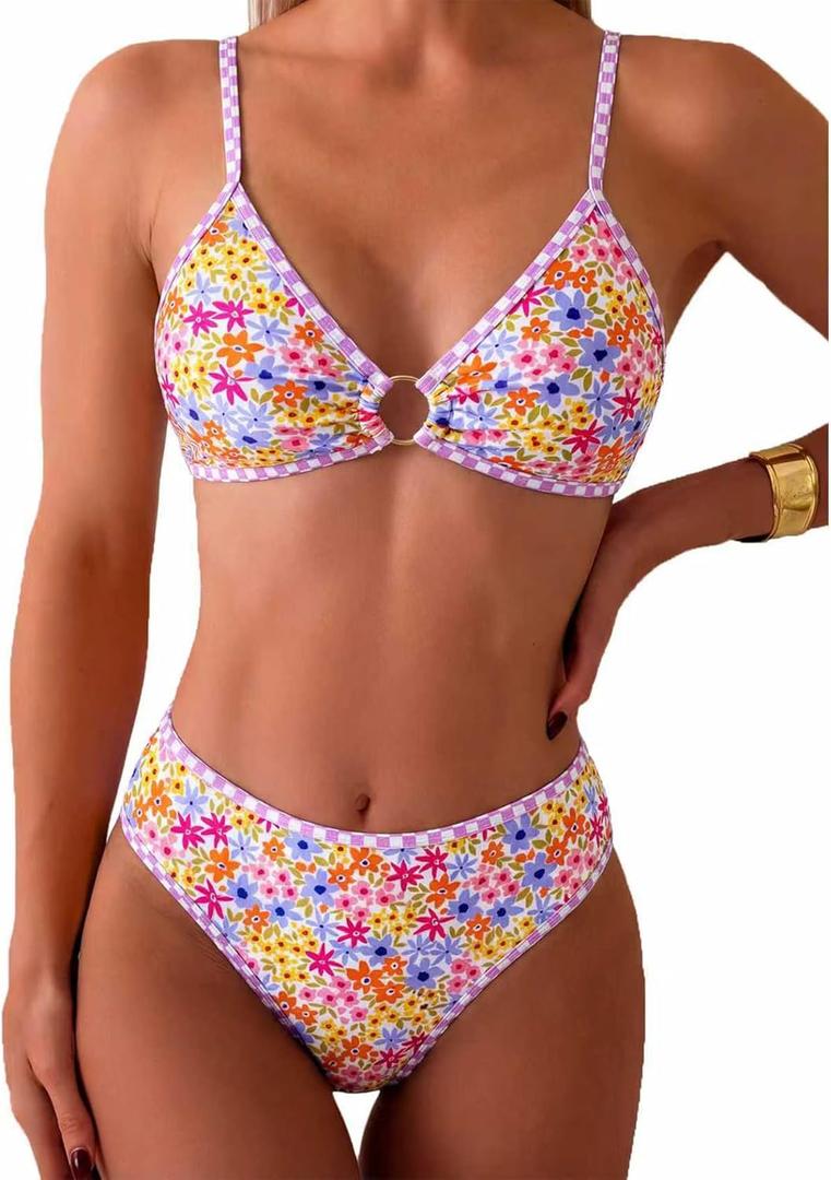 Tainehs Women's Two Piece Bikini Sets O Ring Front Top Ditsy Floral Triangle Swimsuits Cheeky Bathing Suit, Size S (Pink Flower 2)