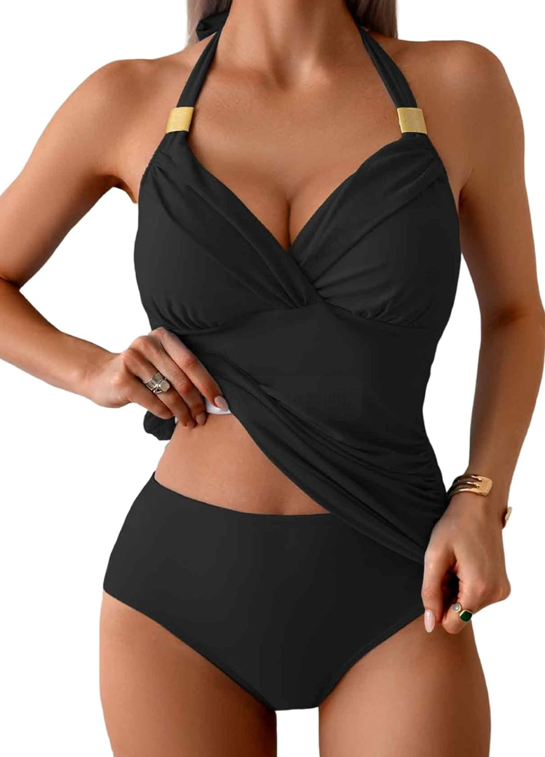 B2prity Womens Halter Tankini Swimsuits Tummy Control Two Piece Bathing Suits V Neck Swimwear with High Waisted Bottom XXL