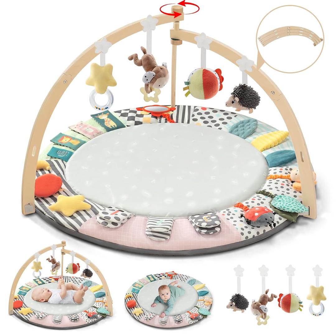 Baby Play Mat Activity Gym,6 Developmental Zones Tummy Time Mat, Foldable Wooden Baby Play Gym with 7 Detachable Sensory Toys for Newborn Brain Development, Essential Baby Shower Set (17X12.9X5 Inch)