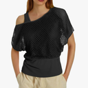 Generic Women 80s T Shirts Neon Fishnet Mesh Top Off Shoulder Tops for Women Polyester Running Shirts, Size M