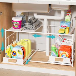 REALINN Extendable Under Sink Organizer, 2 Tier Expandable Under Cabinet Organizer Shelf with Height Adjustable, Retractable Cabinet Storage, White