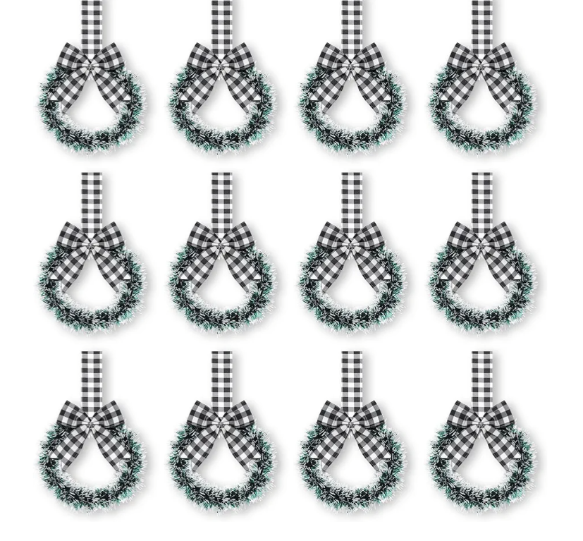 Retrowavy 12 Pcs Christmas Kitchen Cabinet Wreaths with Ribbon 3.94 Inch Mini Christmas Wreath Small Kitchen Xmas Decor for Window Door(Black and White Plaid,Snowy Style)
