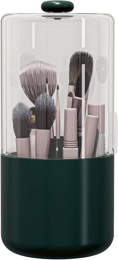 Makeup Brush Holder with Dustproof Cover, Clear 360 Rotating Make Up Brushes Organizer for Counter Vanity Bathroom, Olive Green