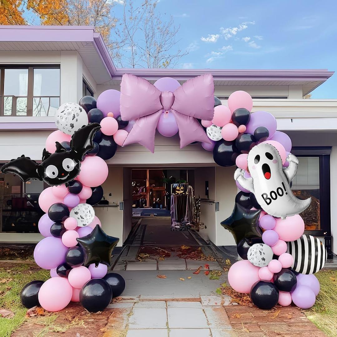Halloween Little Boo Balloon Arch Kit Pink Purple Balloons with Cute Ghost Balloons Little Boo star bow balloons for Baby Shower Birthday Party Halloween Party Decoration