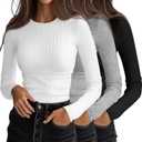 Ficerd 3 Pack Women's Ribbed Long Sleeve Tops, Crew Neck Slim Fit Undershirts Knit Basic Casual Stretch Layering Tee Shirts (Black, Light Gray, White) Small