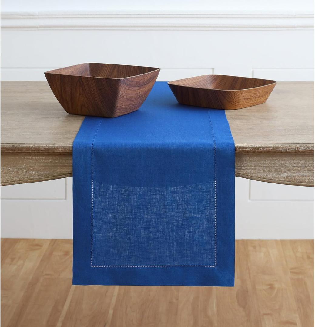 Solino Home Linen Royal Blue Table Runner 120 Inches Long - 100% Pure Linen 14 x 120 Inch Table Runner for Spring - Classic Hemstitch