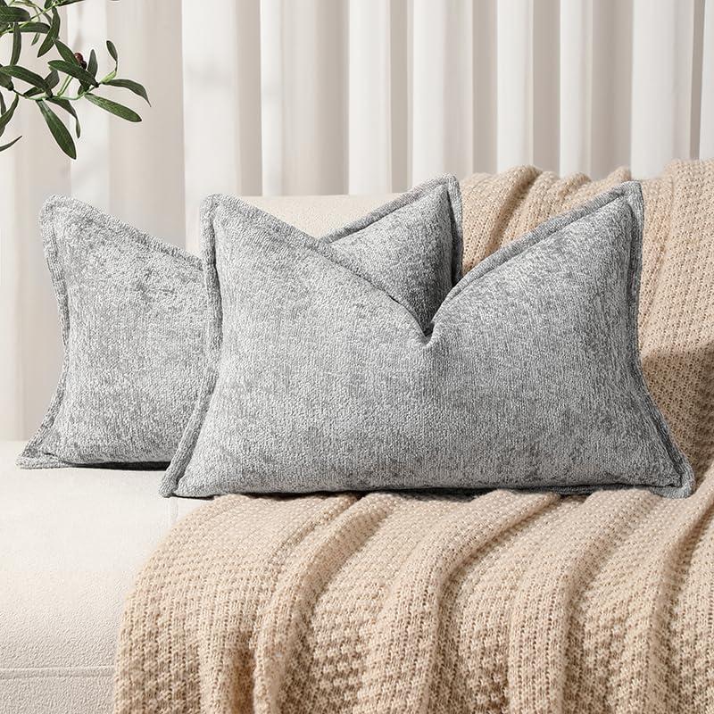 Pack of 2 Light Gray Decorative Throw Pillow Covers 12x20 Cozy Soft Chenille Accent Vintage Rectangular Lumbar Couch Pillow Covers for Home Decor Bed Sofa Living Room