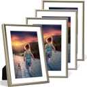 5x7 Picture Frame Set of 4, Matted Champagne Simple Modern Brushed Thin Aluminum Metal Photo Frame Fits 4x6 and 3x5 with Mat or 5 x 7 without Mat . Vertical and Horizontal for Tabletop and Wall