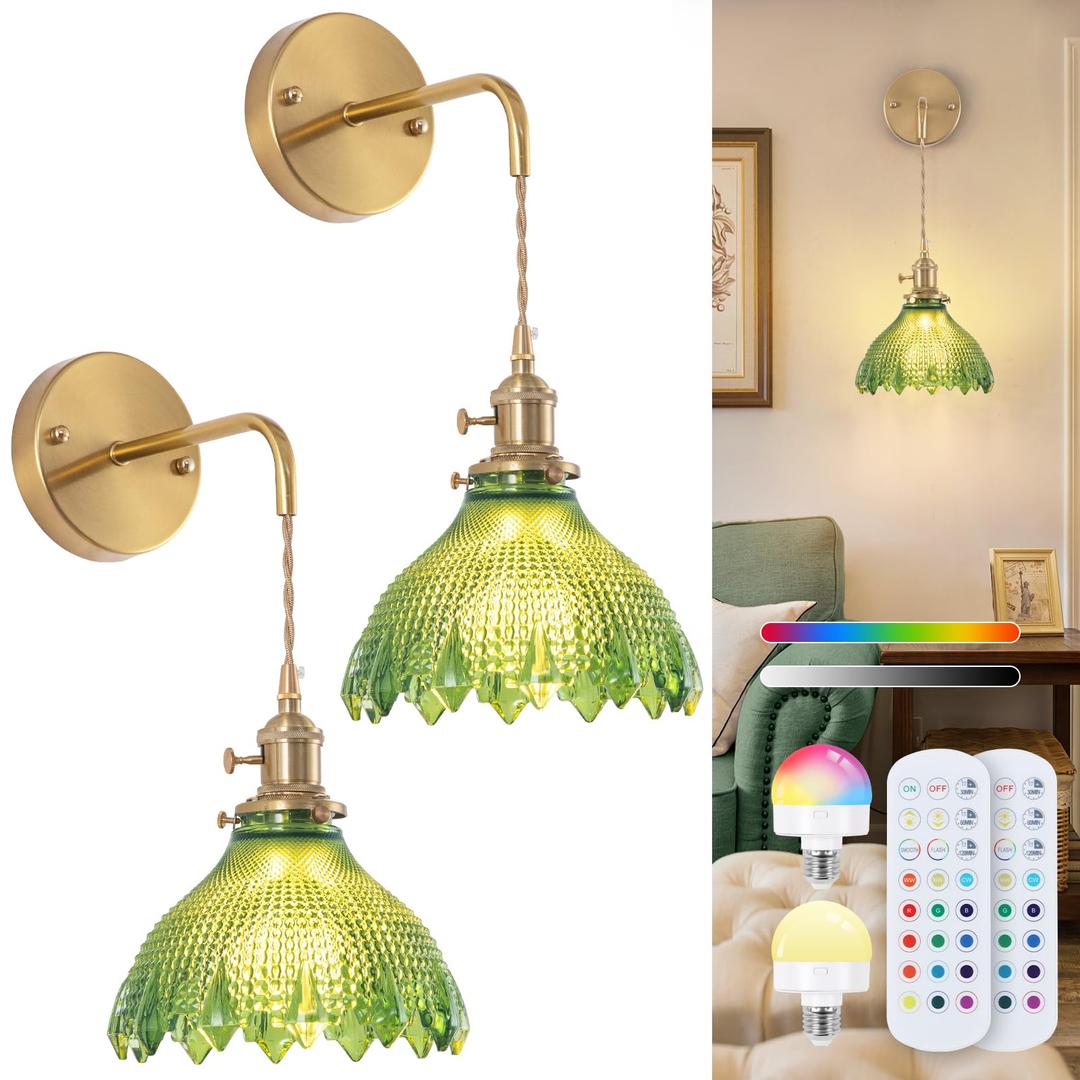 Nogcew Battery Operated Wall Sconce Set of 2,Adjustable Chain Retro Gold Wall Mounted Light,Rechargeable Wall Light with Remote, Wireless Indoor Wall Lamp for Living Room Bedroom