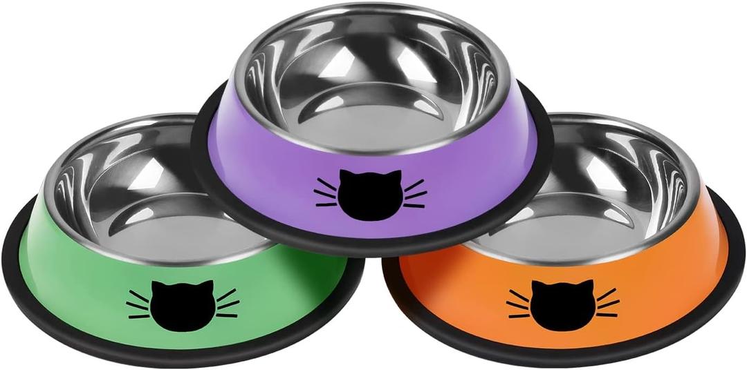 3 Pcs Non-Slip Stainless Steel Small Cat Food Bowls - Unbreakable, Thicken 7 Oz Cat Dishes - Indoor, Removable Rubber Base, Easily Clean, Lovely Color (Purple, Green, Orange)