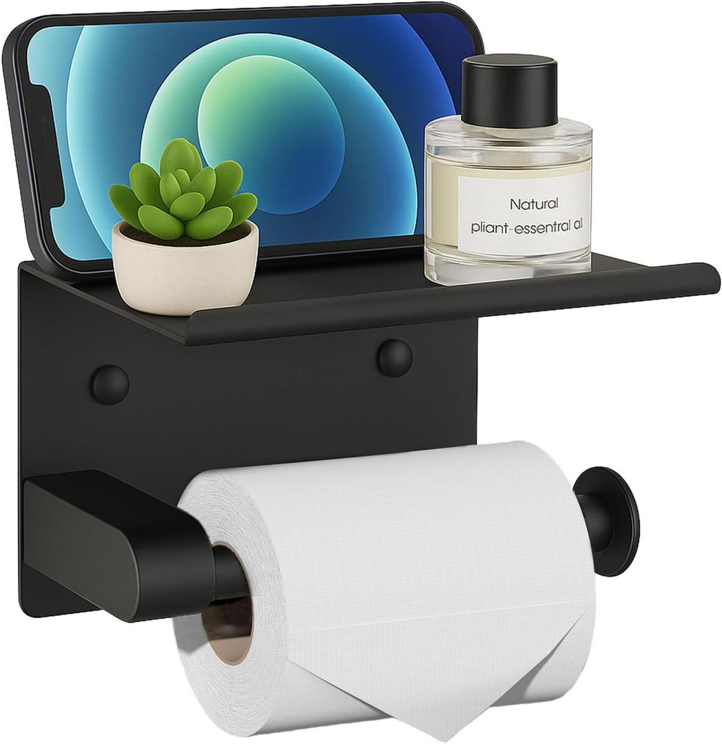 Black Toilet Paper Holder with Shelf - Rustproof Stainless Steel Wall Mount or Self Adhesive Bathroom Tissue Roll Holder - Fits Mega Rolls, for Bathroom, Washroom, Kitchen & RV Decor