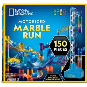 National Geographic Marble Run with Motorized Elevator - 150-Piece Marble Maze Kit with Motorized Spiral Lift, 30 Marbles, Storage Bag & More, Perpetual Motion Machine, Kids Physics Toys