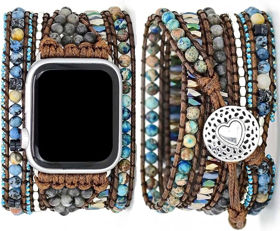 Compatible with Apple Watch Band 42mm 44mm 45mm 46mm 49mm Women Boho Beaded Bracelets,Multilayer 5 Wraps Handmade Natural Jasper Strap for iWatch Series 10 9 8 7 6 5 4 3 2 SE Ultra,Turquoise